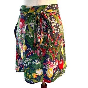 Tory Burch 100% Silk Crepe Wrap Skirt TULIP Floral Print Lined Pockets Small